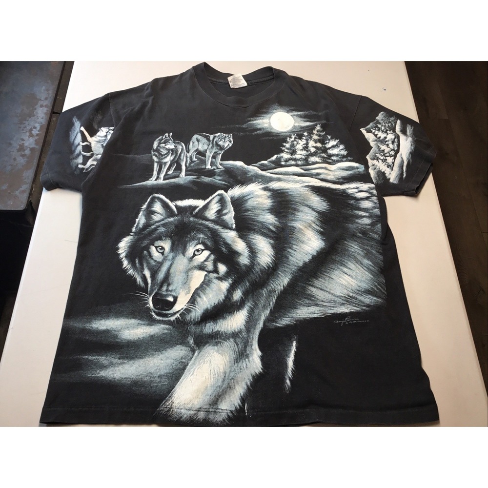 AOP Vintage Harlequin 1994 Wolf Shirt XL Hanes Beefy Cotton Pre-shrunk